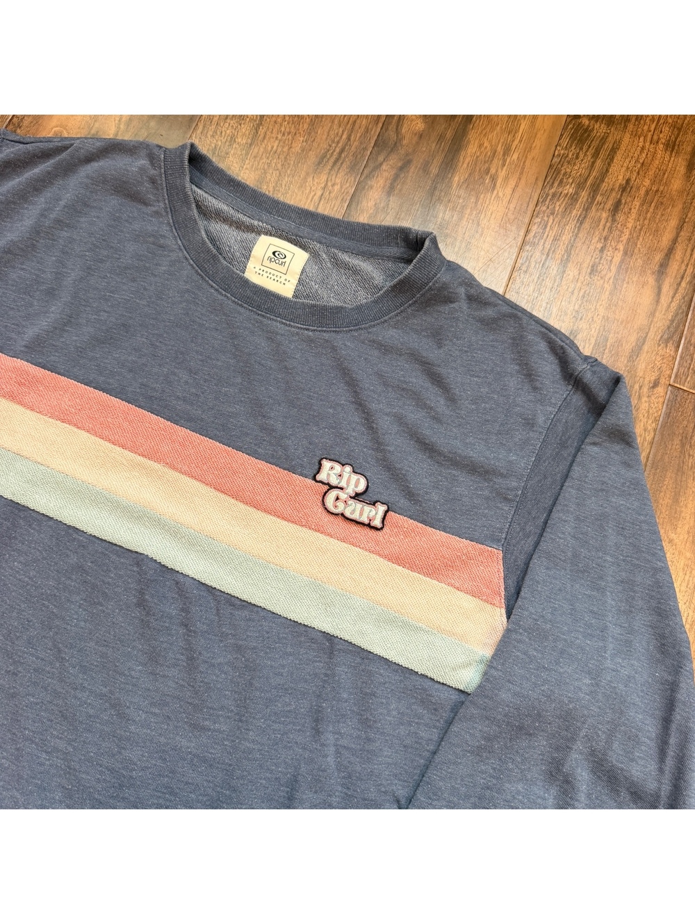 Rip Curl Striped Crewneck Sweatshirt Embroidered Logo Pullover XL Blue Surf